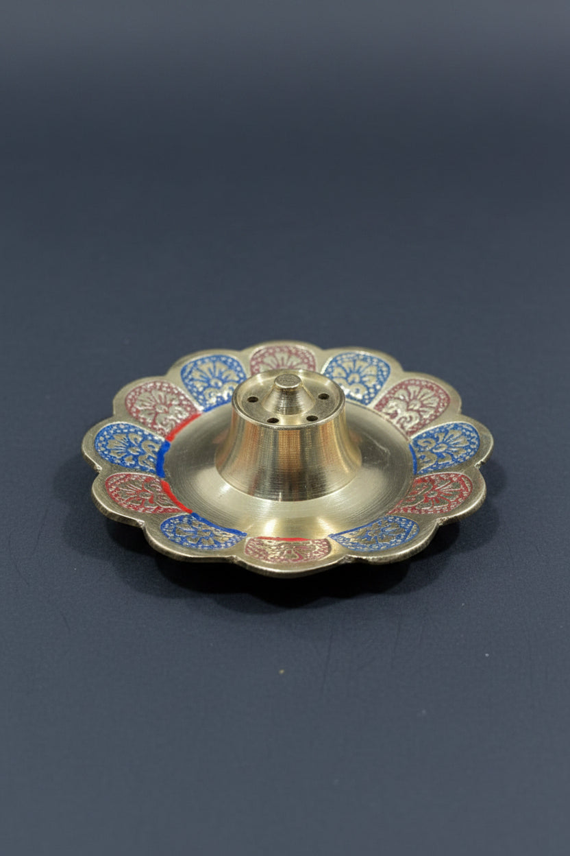 Brass Incense Stick Holder - Painted Floral Plate