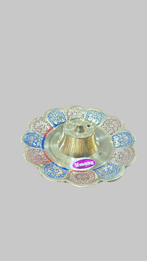 Brass incense stick holder - painted floral plate